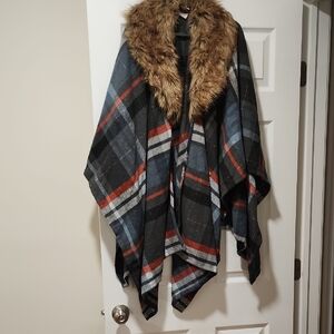 Merona Red and Gray Plaid Poncho with Faux Fur